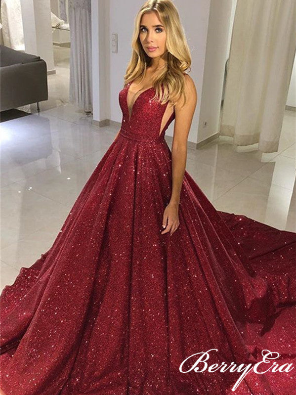 Shiny Red Sequin Tulle Prom Dresses, Sparkle Prom Dresses, Long Prom Dresses