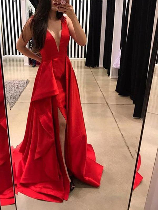 Long Chic Red Deep V Neck Prom Dresses Formal Party Dresses with Split Side