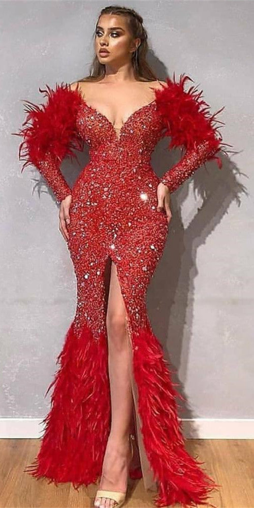 Off The Shoulder Long Mermaid Red Beaded Sequin Prom Dresses, 2021 Prom Dresses