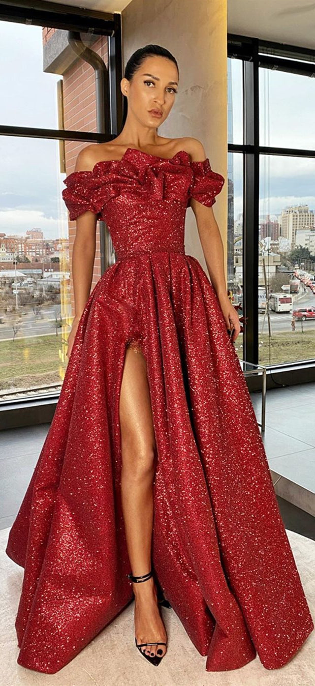 Off Shoulder Long A-line Red Sequin Prom Dresses, High Slit Prom Dresses, 2020 Prom Dresses