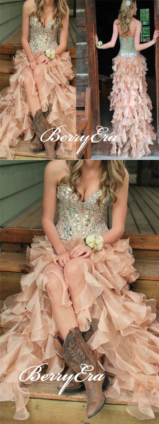 Sweetheart Hi-low Rhinestone Beaded Prom Dresses, Organza Prom Dresses