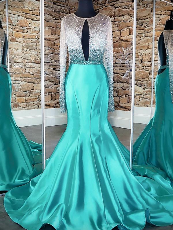 Long Sleeves Sexy Beaded Satin Prom Dresses