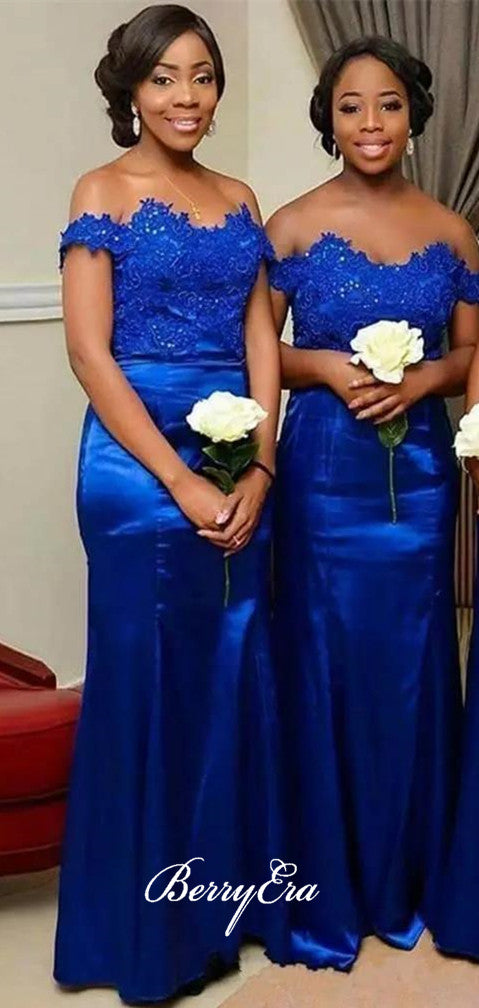 Off Shoulder Lace Top Royal Blue Sheath Long Bridesmaid Dresses