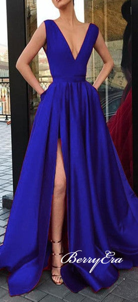 V-neck Royal Blue Satin Prom Dresses, Side Slit Prom Dresses, Long Prom Dresses, Affordable Prom Dresses