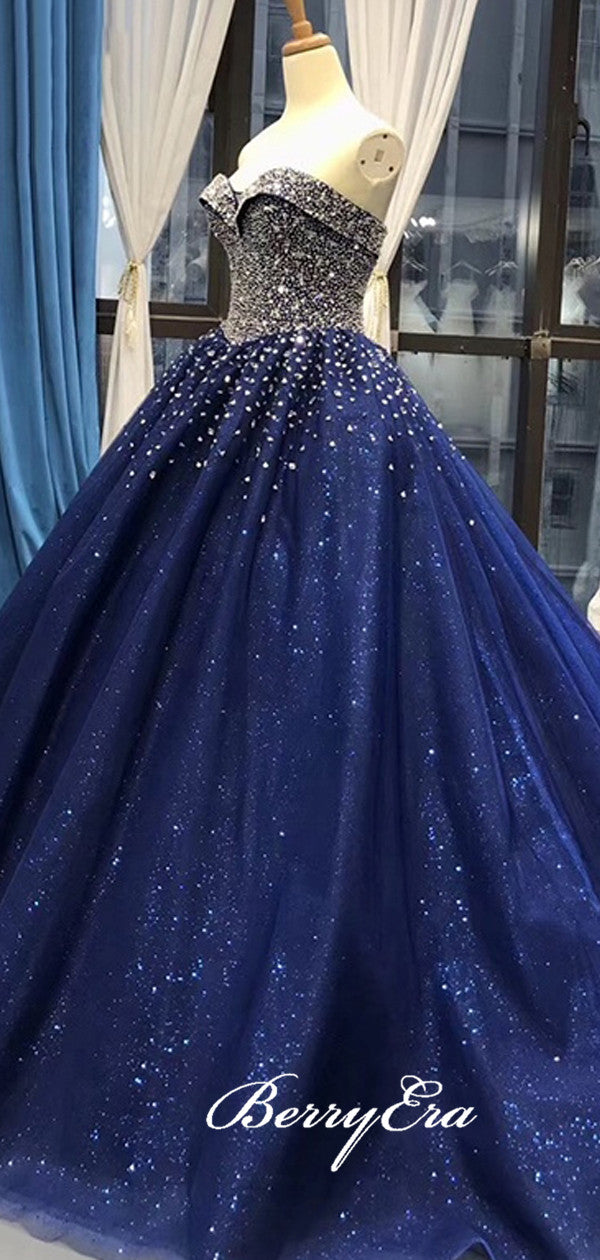 Sweetheart Long A-linr Royal Blue Rhinestone Beaded Prom Dresses, Sparkle Sequin Lace Up Ball Gown, Long Prom Dresses