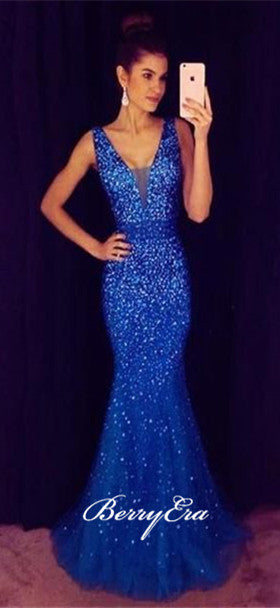 V-neck Royal Blue Rhinestone Beaded Prom Dresses, Luxury Mermaid Prom Dresses