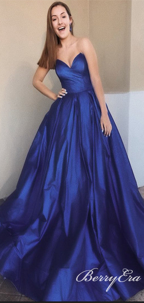 Sweetheart Long A-line Royal Blue Satin Prom Dresses, A-line Simple Prom Dresses