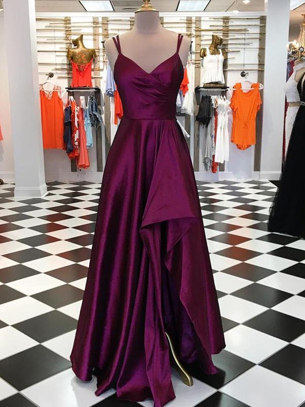 Simple Plum Satin Long Side Slit Prom Dresses