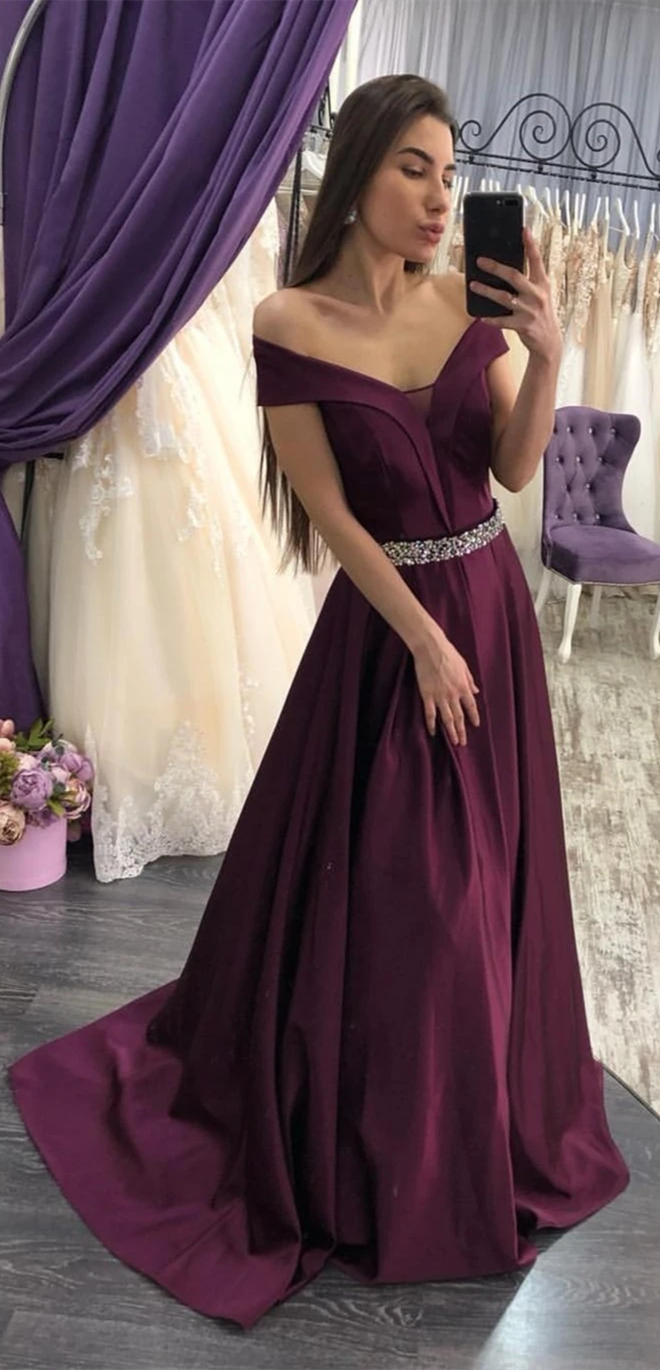 Off Shoulder Long A-line Satin Prom Dresses, Beaded Waist Prom Dresses, Elegant Prom Dresses