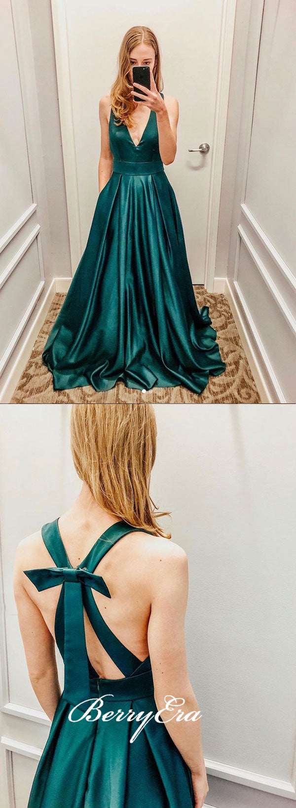 Simple V-neck Satin Prom Dresses, Long Prom Dresses, Affordable Prom Dresses