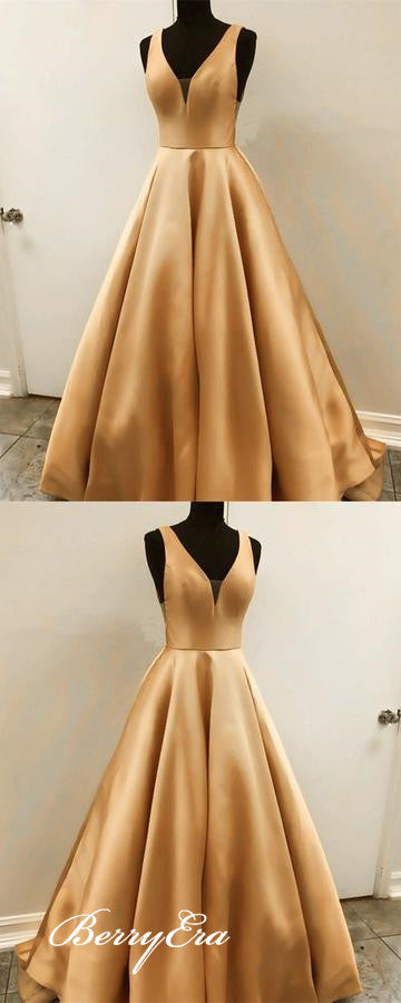 V-neck A-line Satin Prom Dresses, Gold Prom Dresses