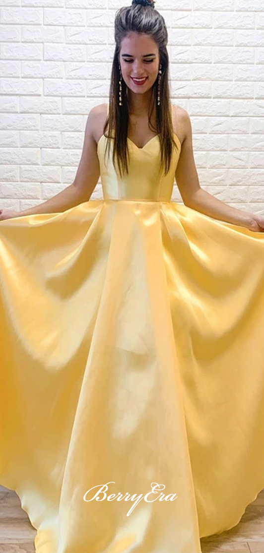 Spaghetti Long A-line Yellow Satin Prom Dresses, Simple Long Prom Dresses, A-line Prom Dresses