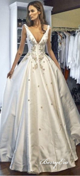 V-neck Long Train Lace Beaded Elegant Satin Wedding Dresses