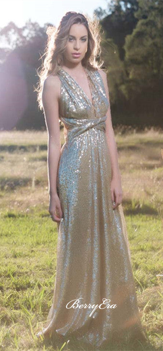 Convertible Sequin A-line Long Bridesmaid Dresses