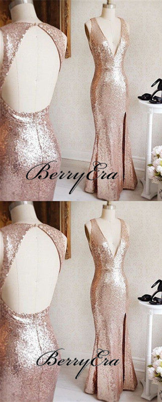 V-neck Long Mermaid Rose Gold Sequin Bridesmaid Dresses, Open Back Bridesmaid Dresses