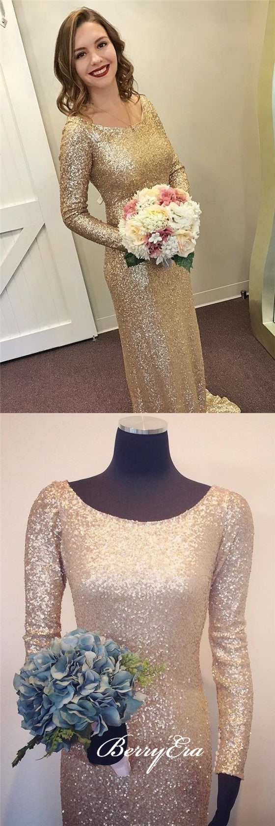 Long Sleeves Scoop Sheath Gold Sequin Bridesmaid Dresses