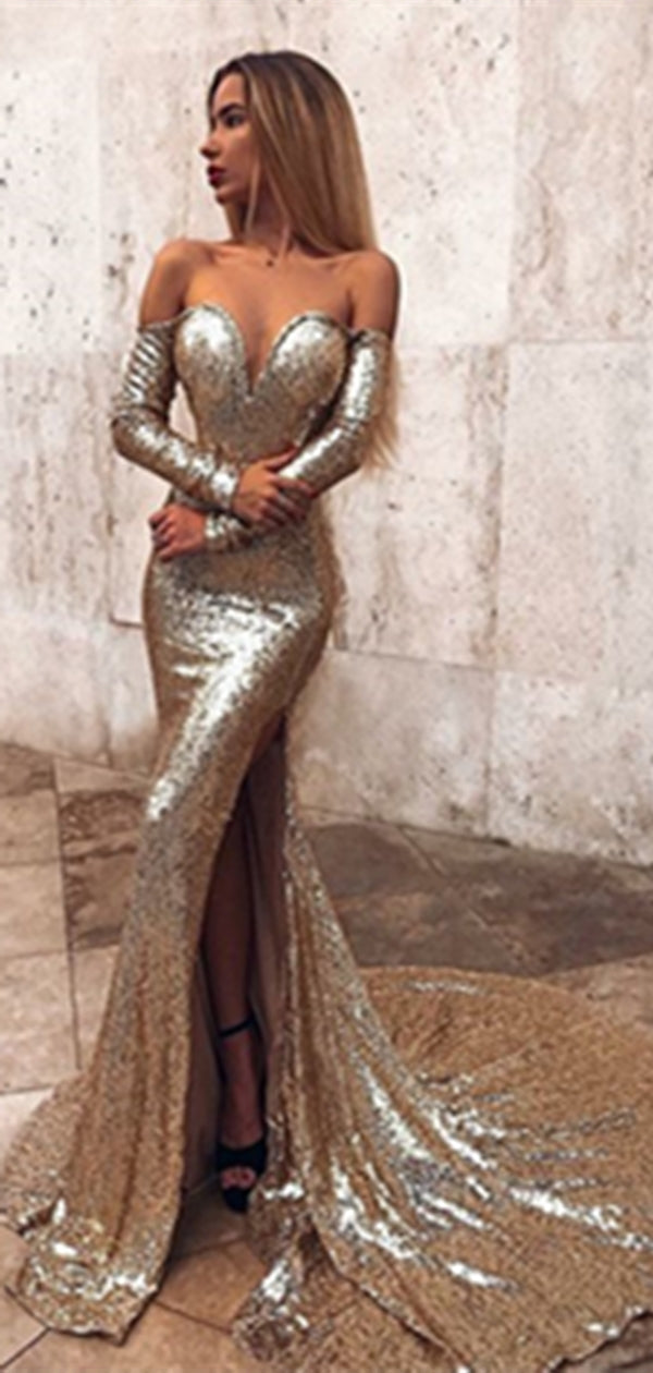 Off Shoulder Long Sleeves Side Slit Sequin Prom Dresses, Popular Prom Dresses