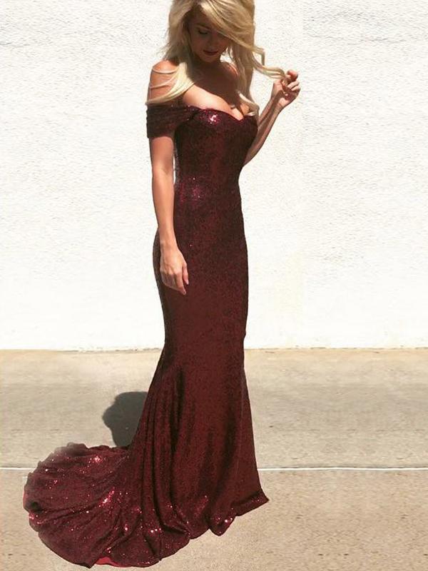 Off Shoulder Long Mermaid Dark Red Sequin Prom / Bridesmaid Dresses