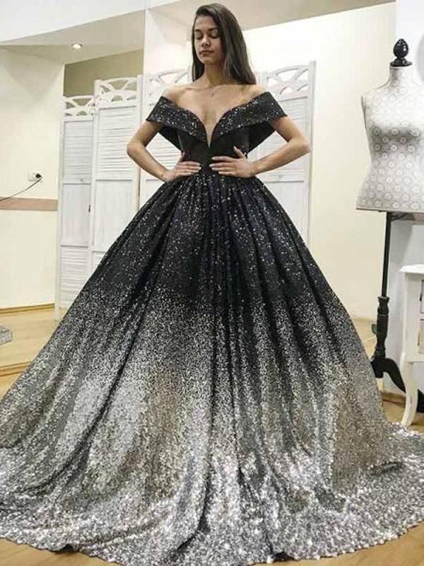 Off Shoulder Long A-line Gradient Sequin Prom Dresses