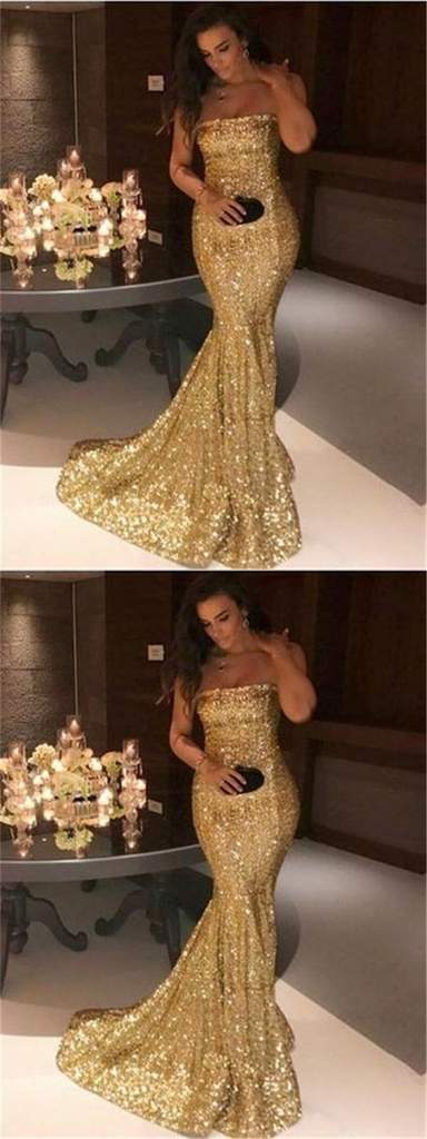 Bling Bling Sequin Mermaid Long Strapless Prom Dresses