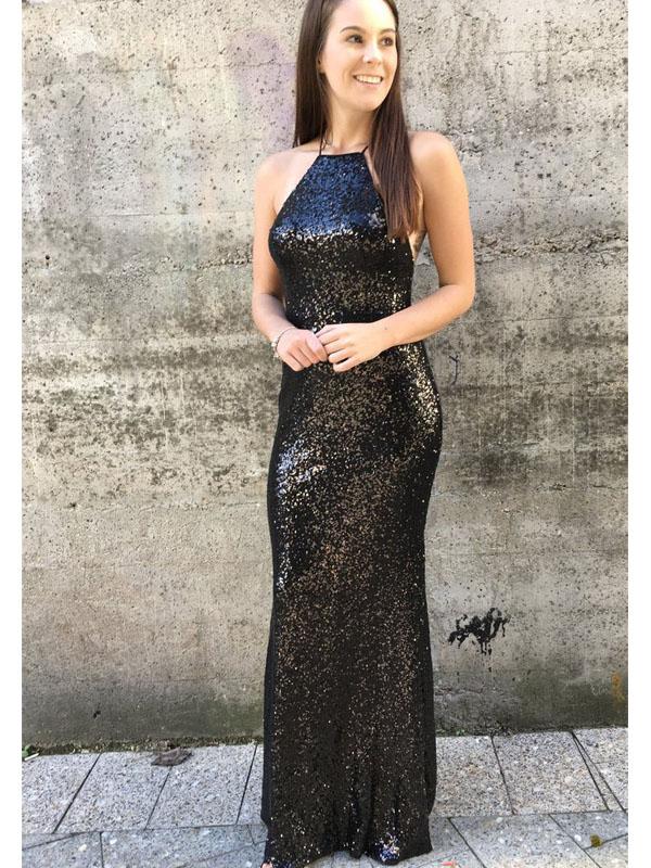 Simple Long Sheath Black Sequin Lace Up Prom Dresses