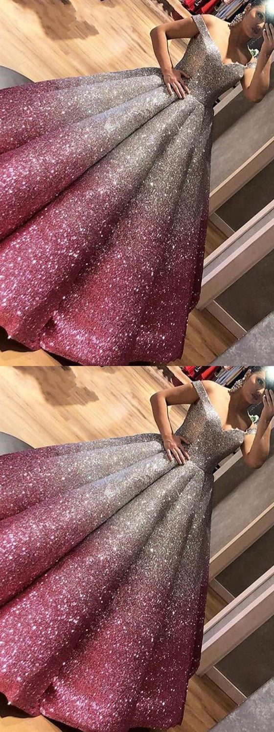 Lovely Off Shoulder Long A-line Sequin Prom Dresses, Ball Gown, Evening Dresses, Long Prom Dresses