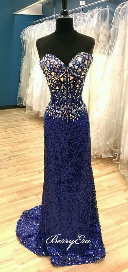 Sweetheart Long Mermaid Sequin Rhinestone Prom Dresses