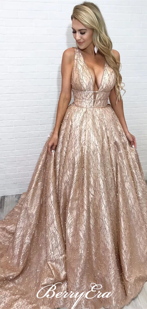 V-neck Sequin Tulle Prom Dresses, Beaded Prom Dresses, Long Prom Dresses, Sparkle Prom Dresses