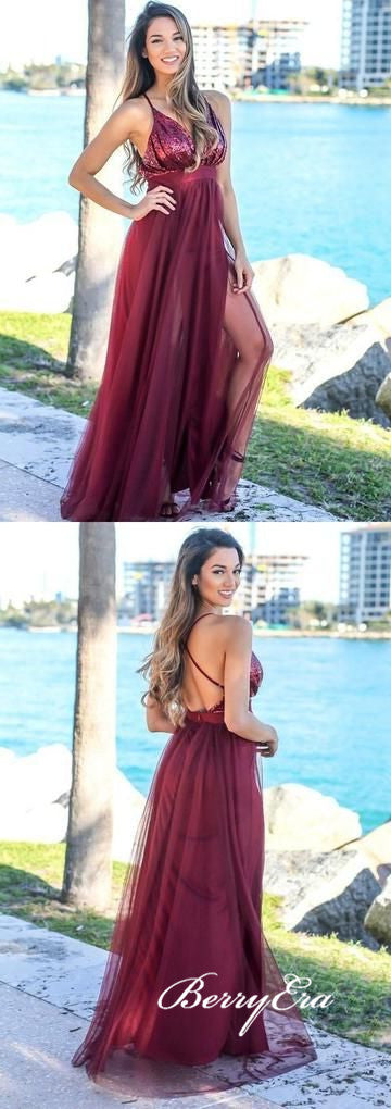 Spaghetti Long A-line Sequin Tulle Prom Dresses, Burgundy Prom Dresses