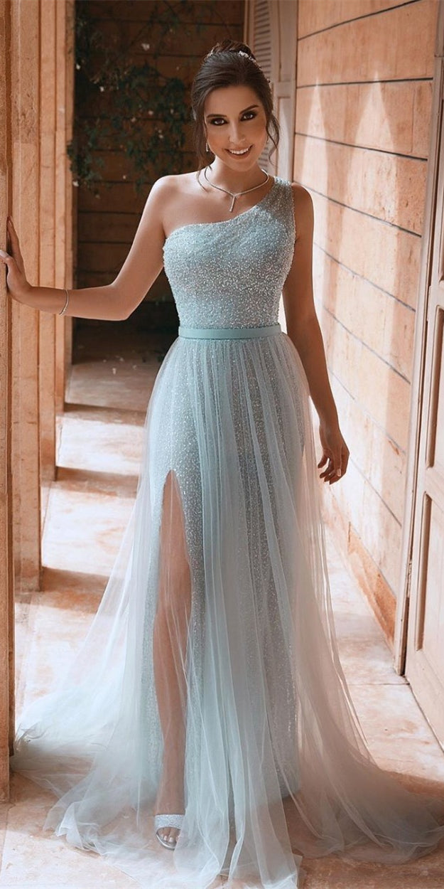 One Shoulder Sequin Tulle Prom Dresses, Side Slit Prom Dresses, Shiny Prom Dresses, 2021 Prom Dresses