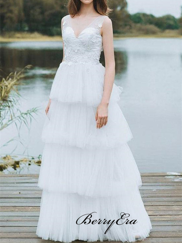 V-neckline Lace Bride Wedding Dress, Elegant Fluffy Tulle Wedding Dresses, Bridal Gowns