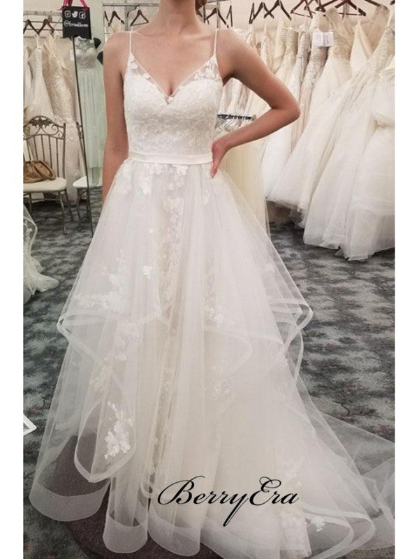 Tulle A-line Lace Wedding Dresses, Elegant Straps Wedding Dresses 2019