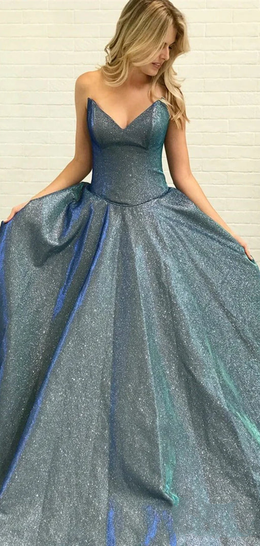 Strapless Long A-line Shiny Satin Prom Dresses, 2020 Prom Dresses, Shiny Prom Dresses