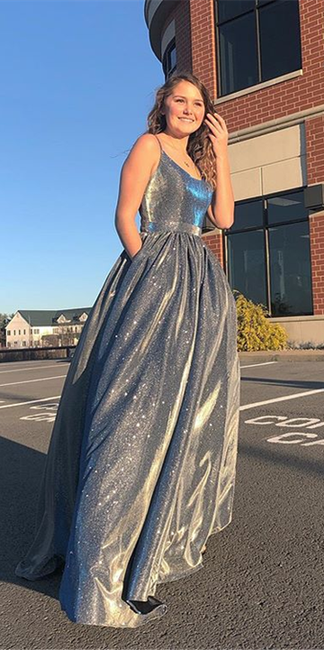 Spaghetti Long A-line Shiny Satin Prom Dresses, Popular Prom Dresses, 2021 Prom Dresses