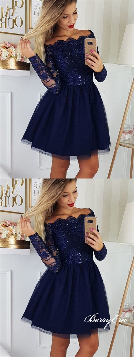 Off Shoulder Navy Lace Beaded Tulle Homecoming Dresses, Short Prom Dresses