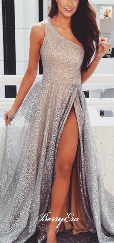 One Shoulder Silver Sequin Tulle Prom Dresses, Side Slit Prom Dresses, Prom Dresses