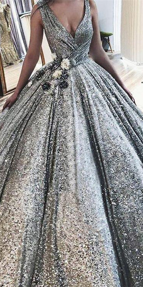 V-neck Silver Sequin Ball Gown Prom Dresses, Long Prom Dresses, 2021 Prom Dresses, Sparkle Prom Dresses