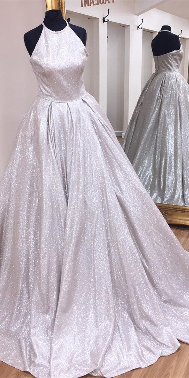 Halter Silver Shemmering Prom Dresses, A-line Prom Dresses, 2021 Prom Dresses