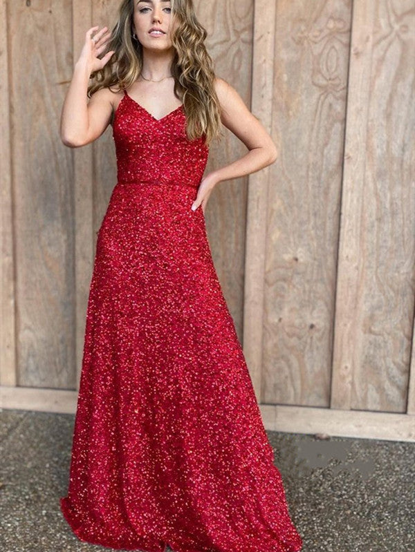 Plunging Sequins Long Prom Dresses 2021, Simple Girl Dresses, Graduation Party Dresses