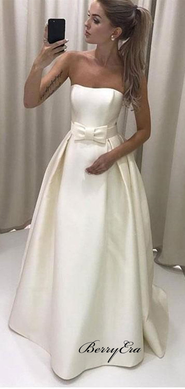 Strapless Satin Simple Bride Dress with Bow Sash, A-line Bridal Wedding Dresses