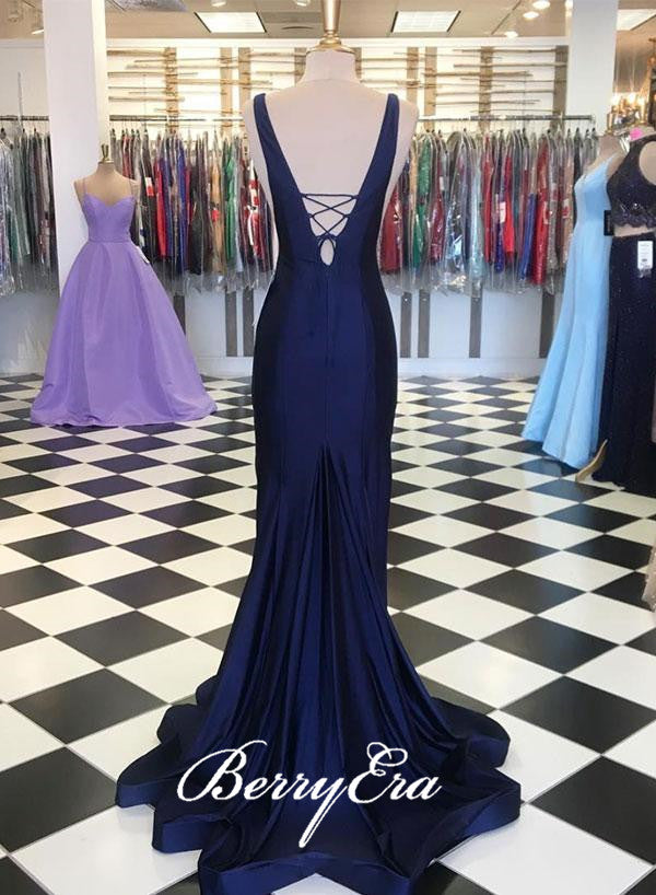 V-neck Navy Mermaid Long Elastic Satin Prom Dresses