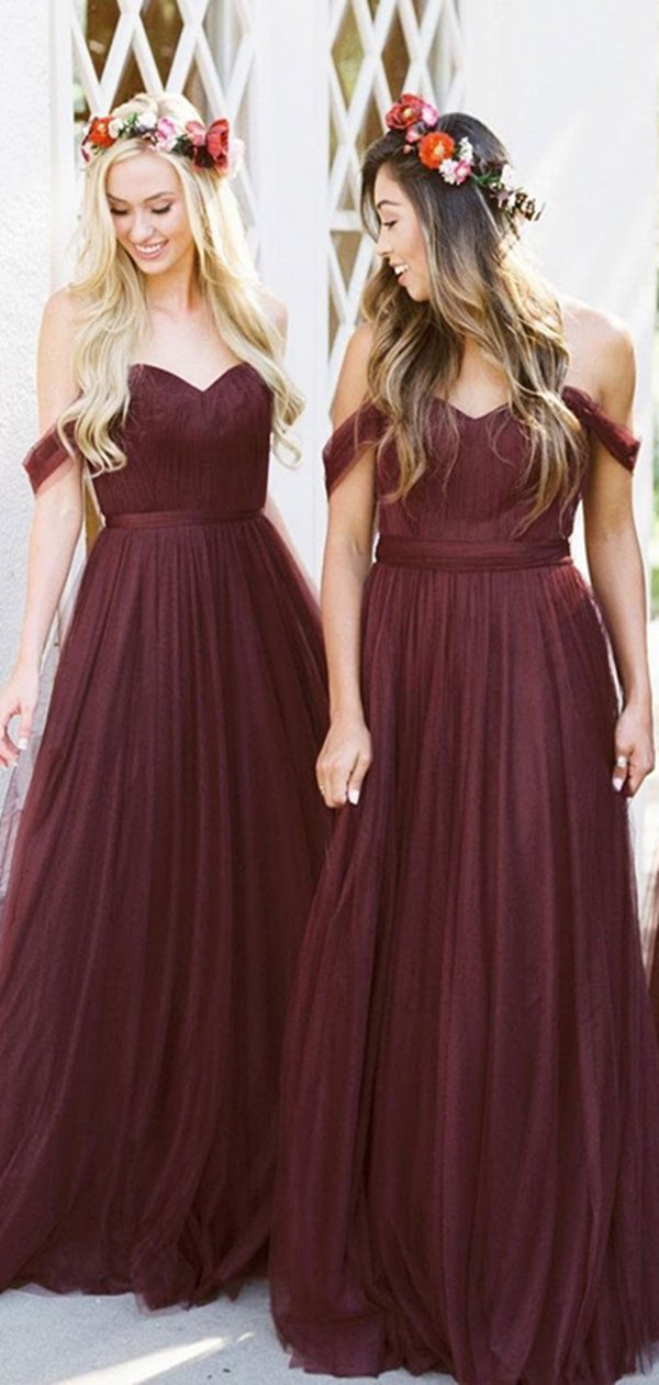 Off Shoulder Dark Red Tulle Bridesmaid Dresses, Long Bridesmaid Dresses