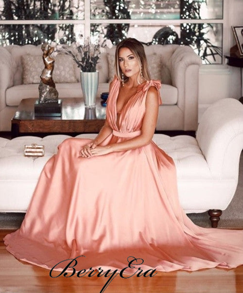 Deep V-neck Long A-line Prom Dresses, Peach Prom Dresses, Popular Prom Dresses