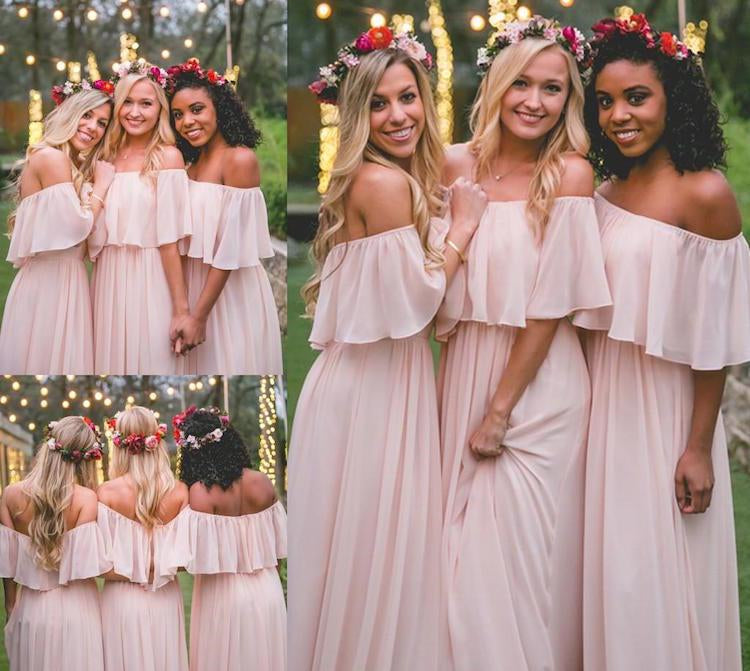 Off Shoulder A-line Blush Pink Chiffon Bridesmaid Dresses, Long Bridesmaid Dresses