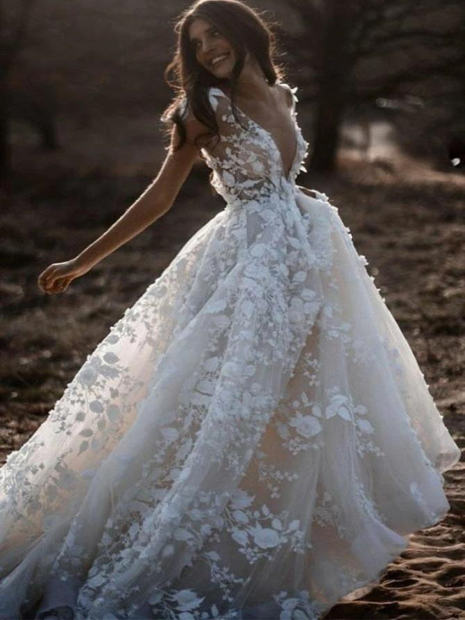 Deep V-neck Long A-line Lace Tulle Wedding Dresses, Country Wedding Dresses, Long Wedding Dresses