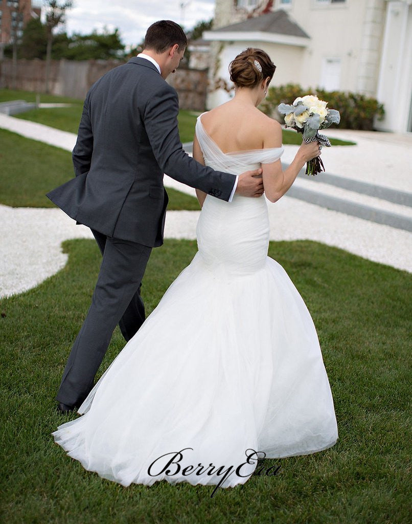 Off Shoulder Mermaid Simple Elegant Ivory Tulle Wedding Dresses