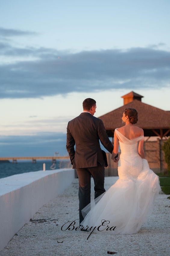 Off Shoulder Mermaid Simple Elegant Ivory Tulle Wedding Dresses