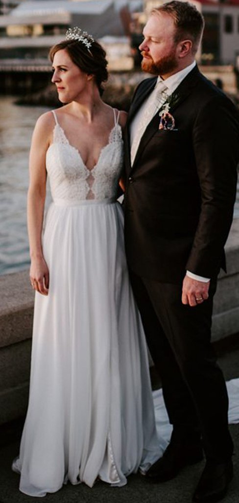 Simple V-neck Lace Chiffon Wedding Dresses, Bridal Gown