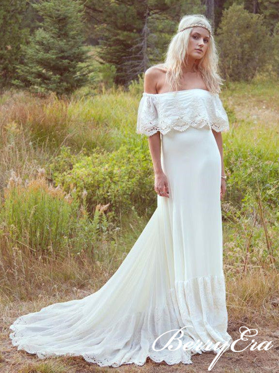 Off Shoulder Long Sheath Lace Boho Wedding Dresses