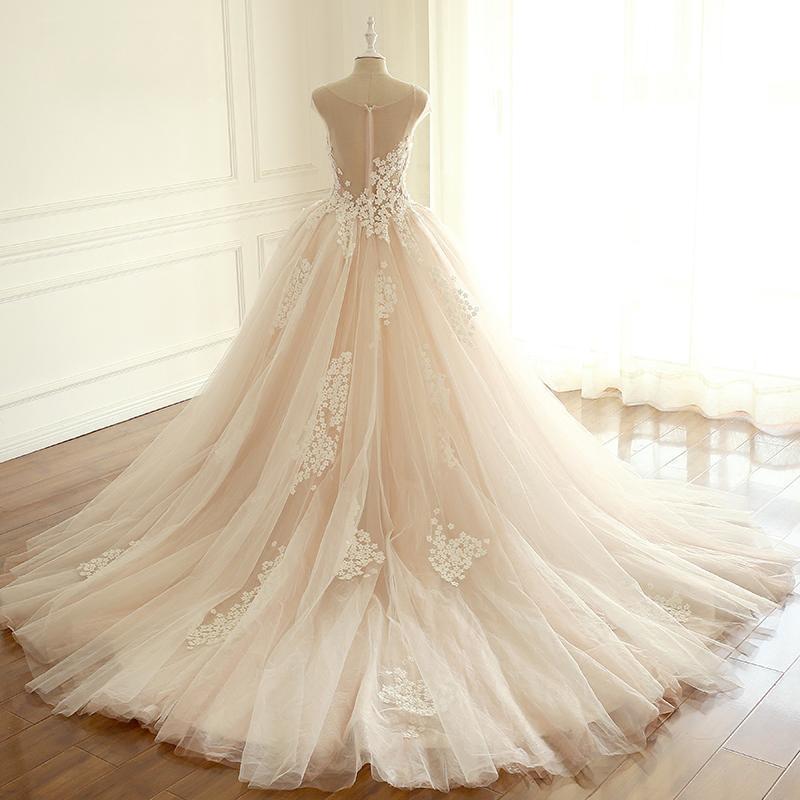 V-neck Lace Tulle Wedding Dresses, Appliques Bridal Gown